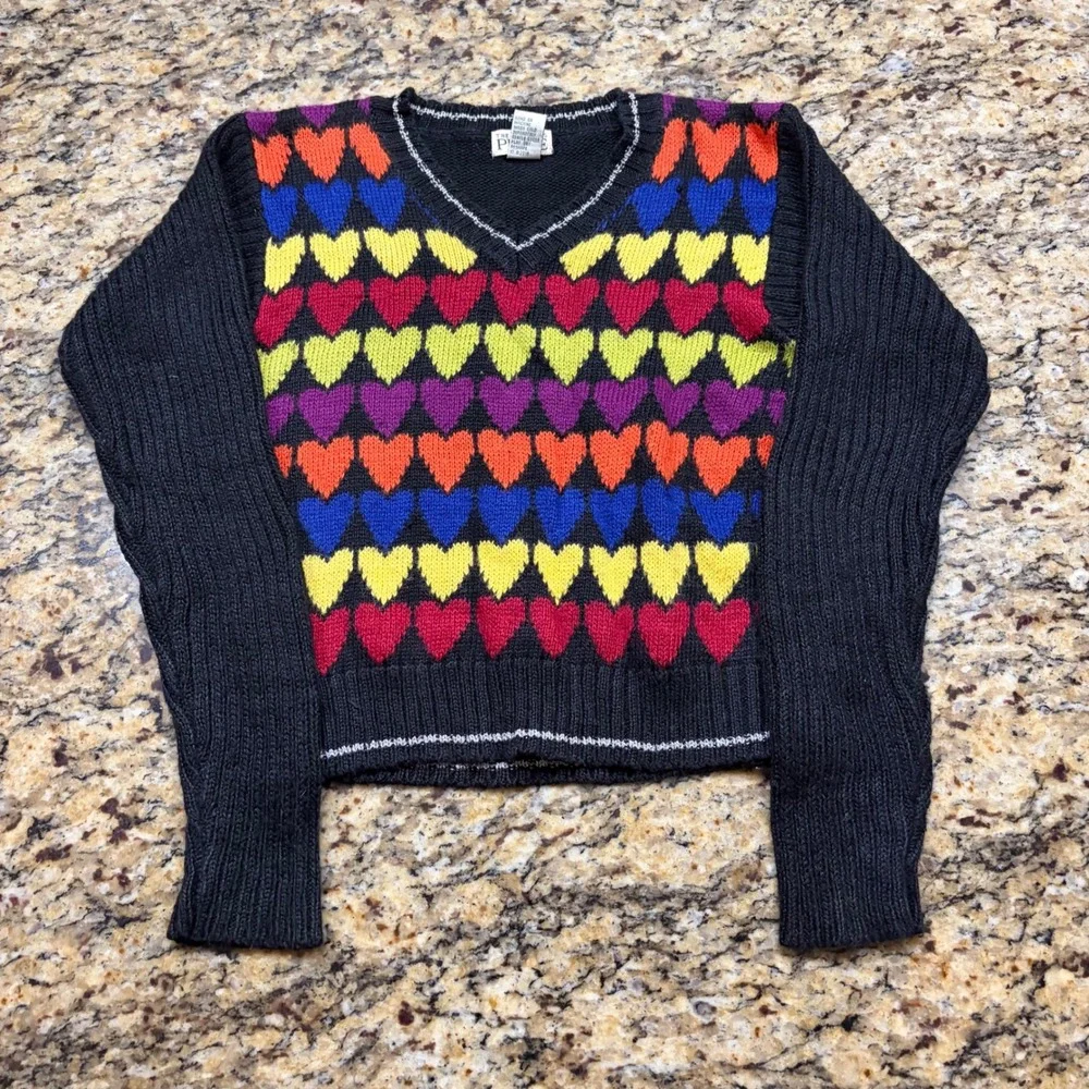 Vintage Childrens Place Rainbow Heart V-Neck Sweater Black Metallic Size 10 ws